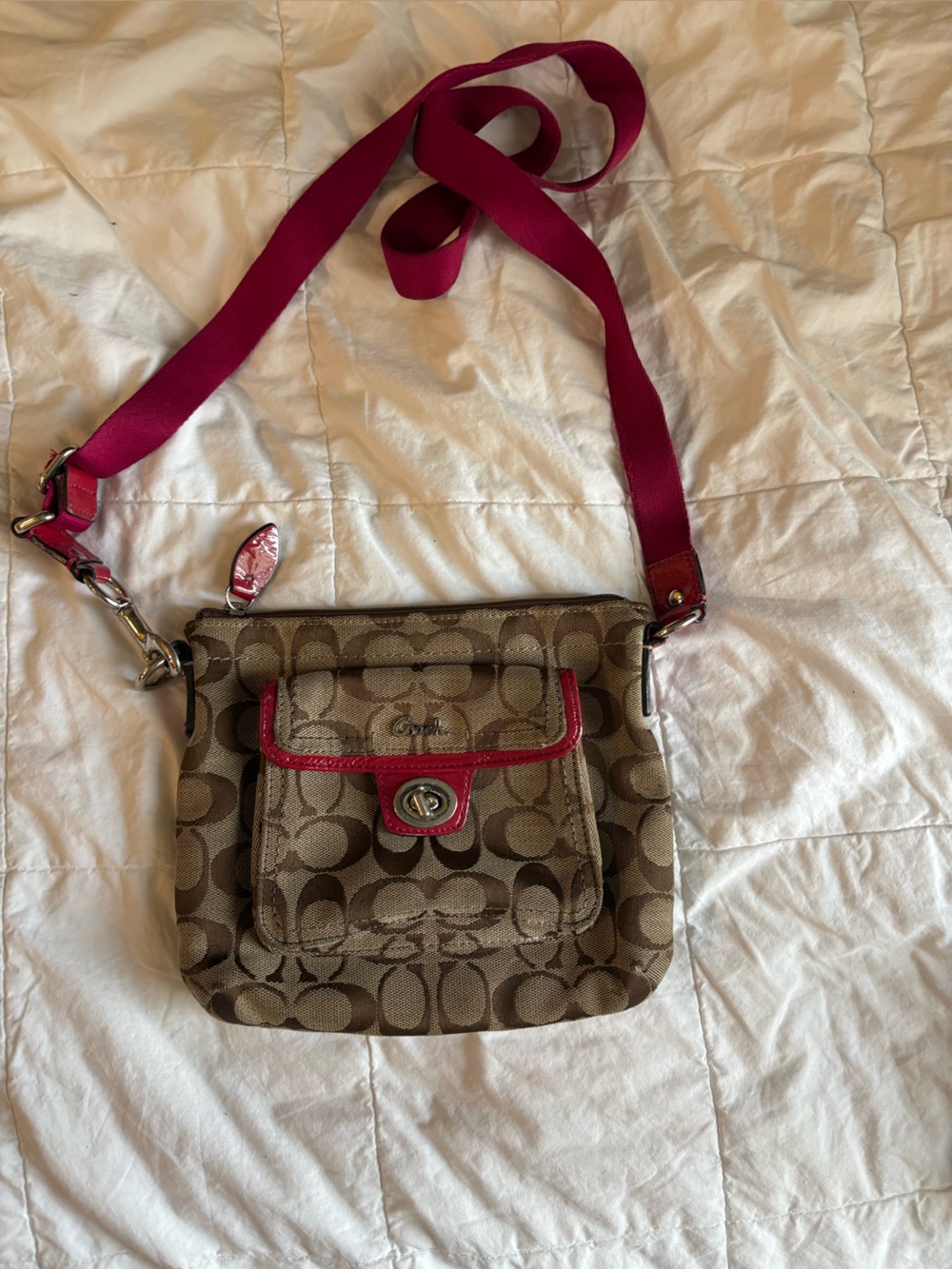 Coach Signature Canvas Crossbody Bag in Khaki with Pink Trim